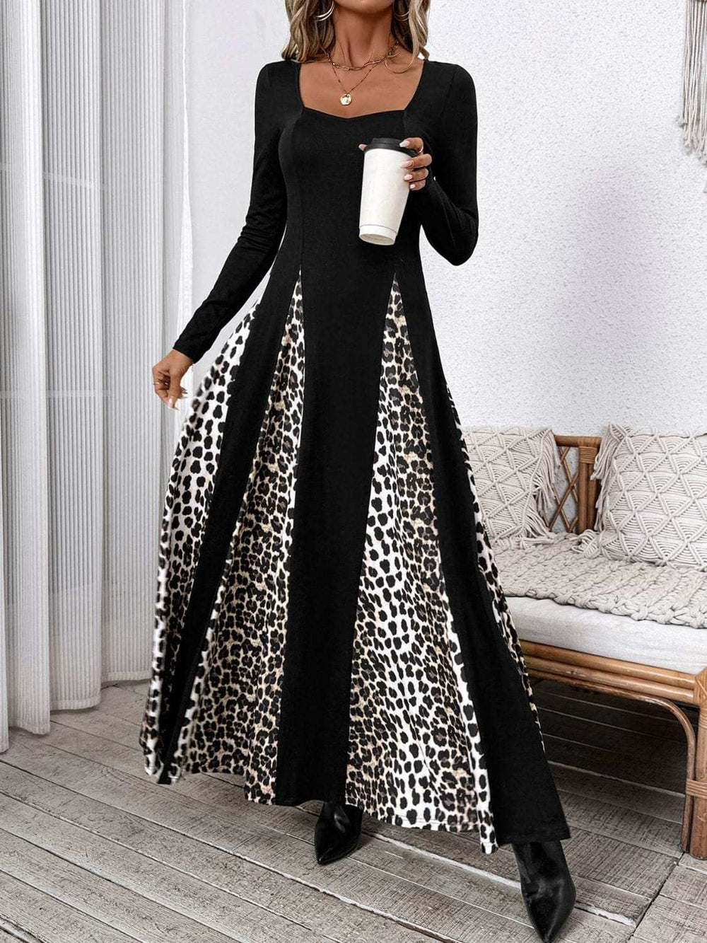 Perfee Leopard Square Neck Long Sleeve Maxi Dress - Trendsi - Flyclothing LLC