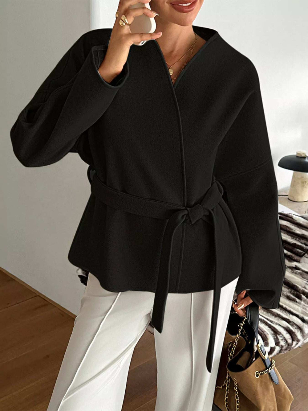 Surplice Dropped Shoulder Tie Belt Outerwear - Trendsi - Flyclothing LLC