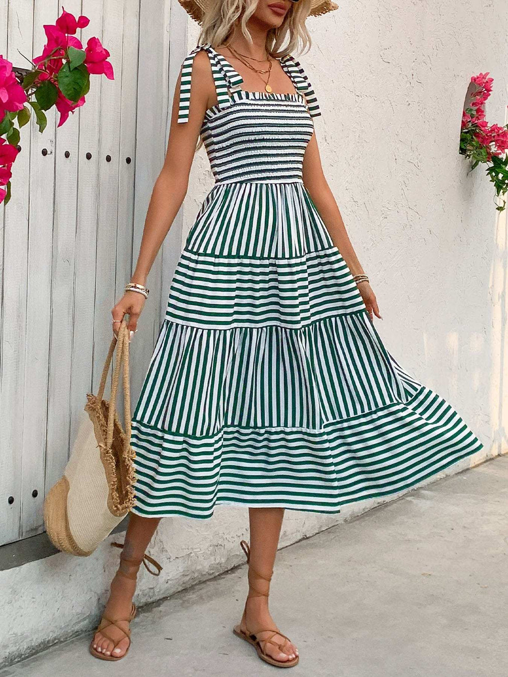 Smocked Striped Square Neck Midi Dress - Trendsi - Flyclothing LLC