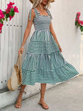 Smocked Striped Square Neck Midi Dress - Trendsi - Flyclothing LLC