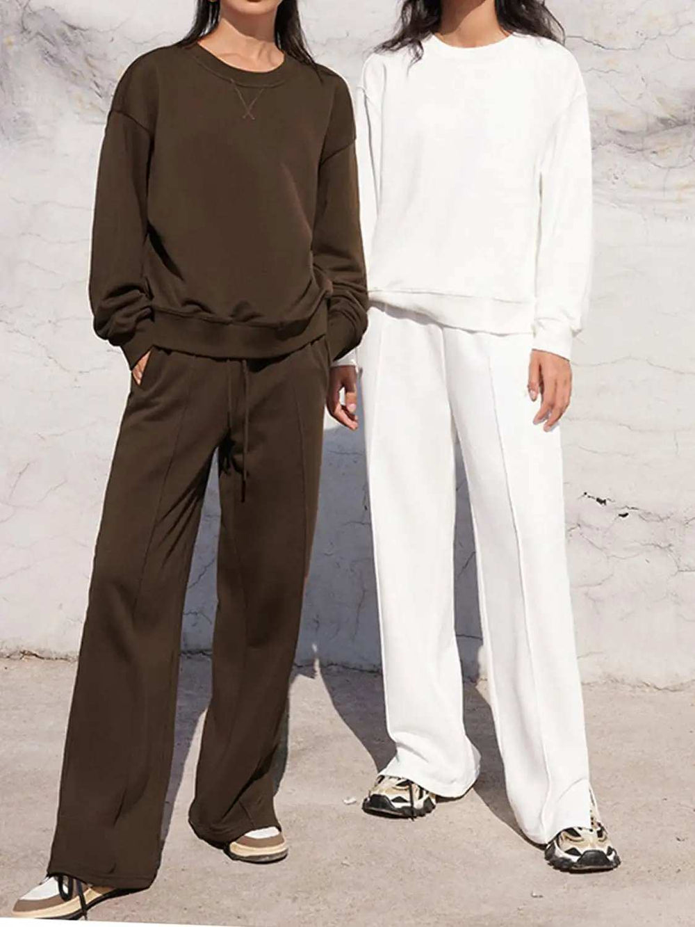 Round Neck Long Sleeve Top and Elastic Waist Pants Set - Trendsi - Flyclothing LLC