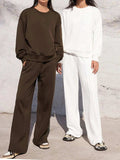 Round Neck Long Sleeve Top and Elastic Waist Pants Set - Trendsi - Flyclothing LLC