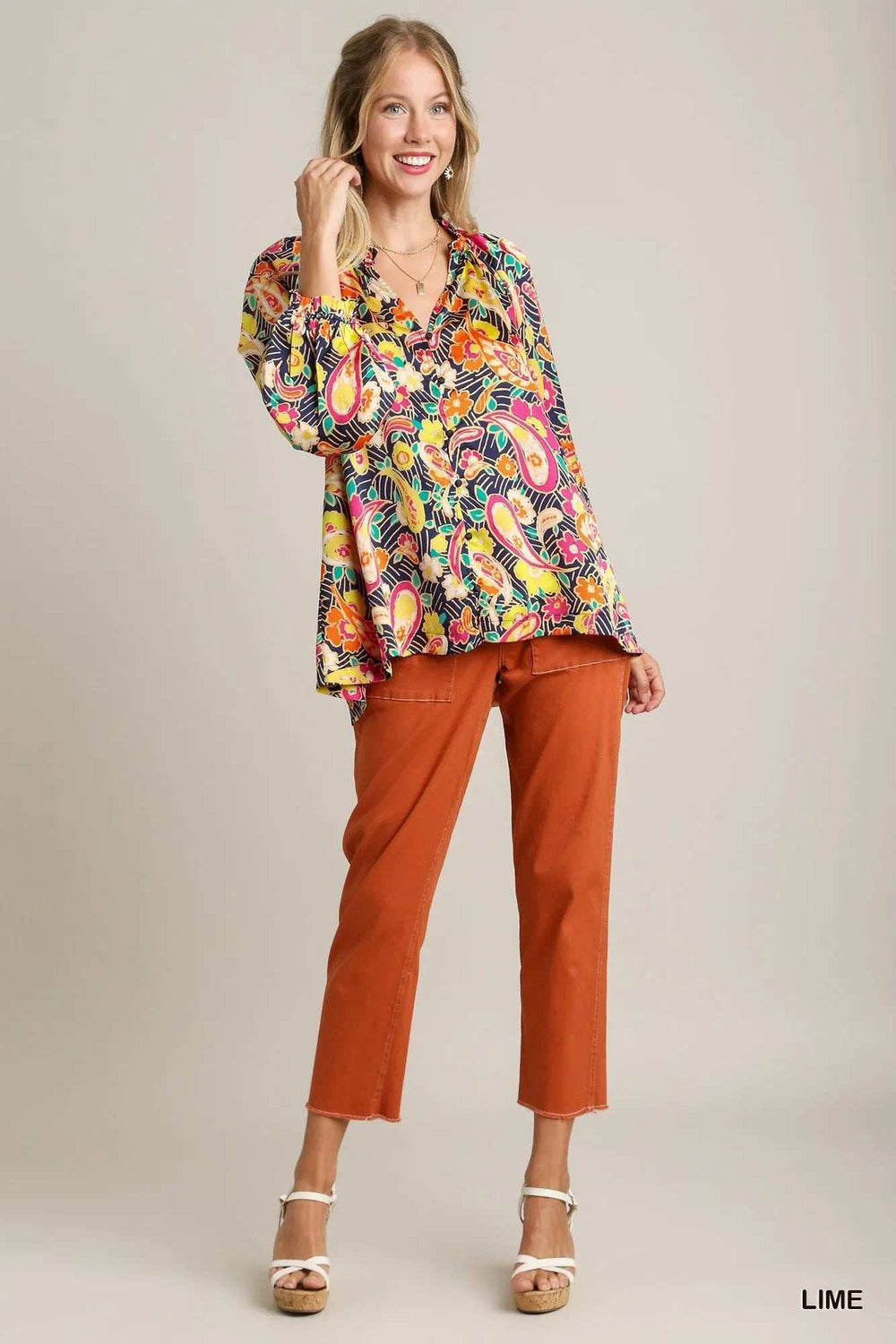 Umgee Full Size Satin Paisley Ruffle Neck Button-Up Shirt Plus Size - Trendsi - Flyclothing LLC