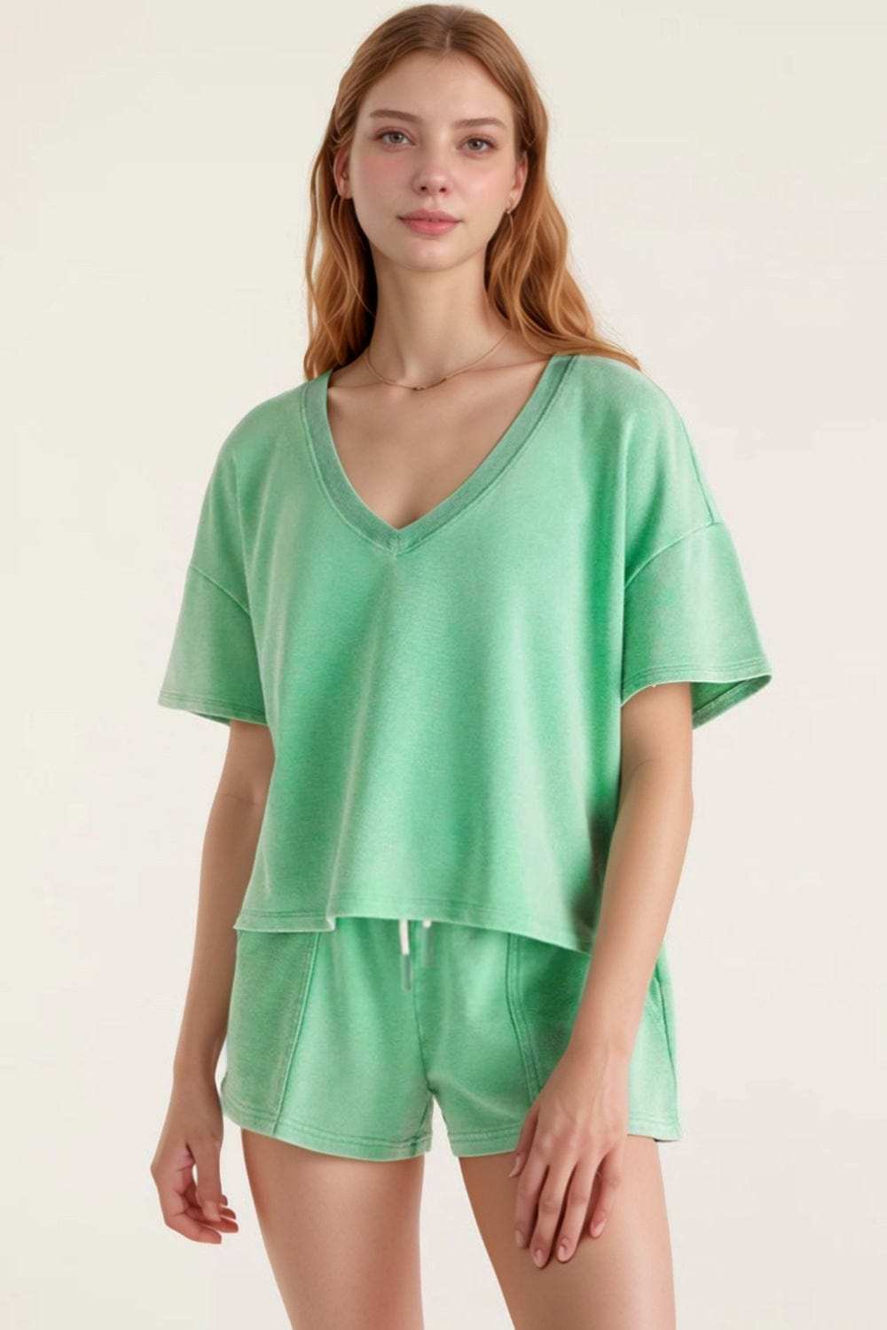 V-Neck Short Sleeve Loose Top and Drawstring Shorts Set - Trendsi - Flyclothing LLC