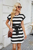 Tied Contrast Striped Short Sleeve Mini Tee Dress - Trendsi - Flyclothing LLC