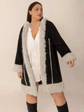 Plus Size Fuzzy Trim Open Front Long Sleeve Hooded Coat - Trendsi - Flyclothing LLC