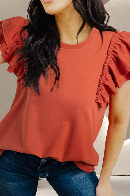 Ruffled Round Neck Cap Sleeve Blouse - Trendsi - Flyclothing LLC
