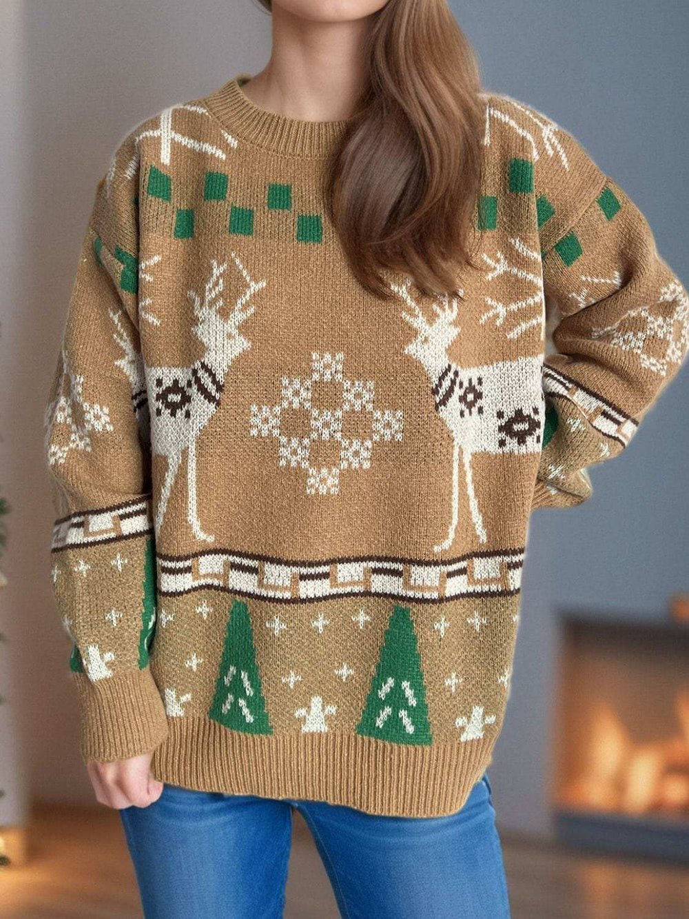 Christmas Element Round Neck Long Sleeve Sweater - Trendsi - Flyclothing LLC