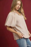 Umgee Texture Puff Sleeve Notched Blouse - Trendsi - Flyclothing LLC