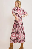 Umgee Full Size Printed Notched Puff Sleeve Midi Dress Plus Size - Trendsi - Flyclothing LLC