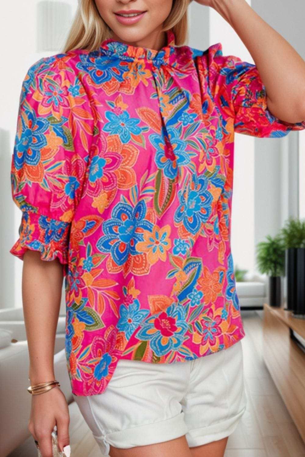 Printed Mock Neck Half Sleeve Blouse - Trendsi - Flyclothing LLC