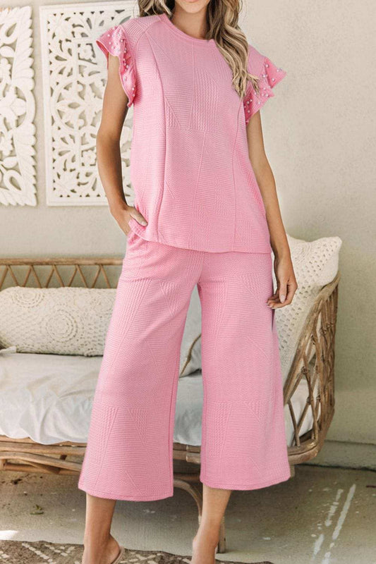 Textured Pearled Ruffled Sleeve Top and Wide Leg Pants Set - Trendsi - Flyclothing LLC