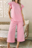 Textured Pearled Ruffled Sleeve Top and Wide Leg Pants Set - Trendsi - Flyclothing LLC