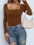 Square Neck Long Sleeve Bodysuit - Trendsi - Flyclothing LLC