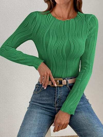 Textured Round Neck Long Sleeve Top - Trendsi - Flyclothing LLC