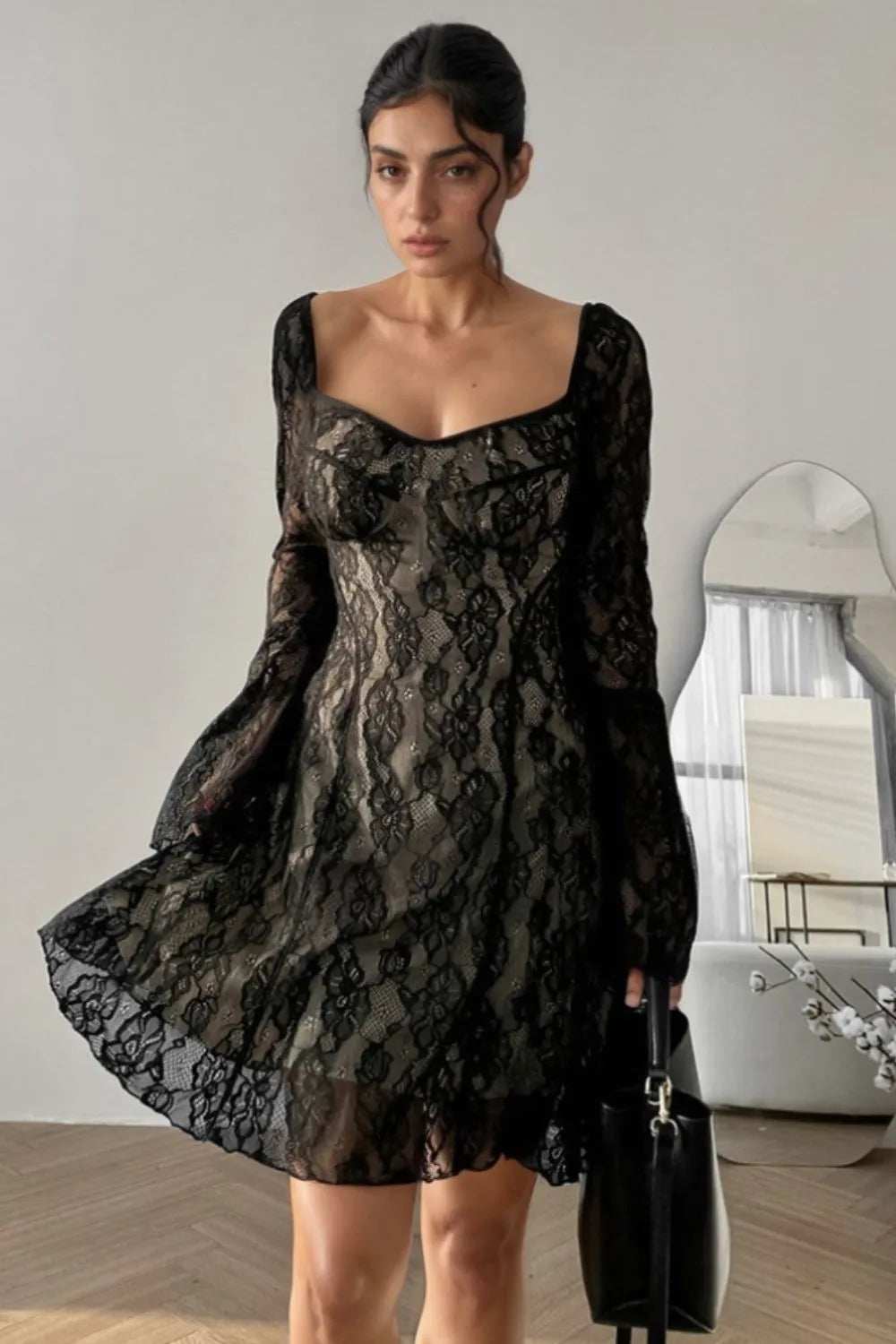Lace Sweetheart Neck Flare Sleeve Mini Dress - Trendsi - Flyclothing LLC