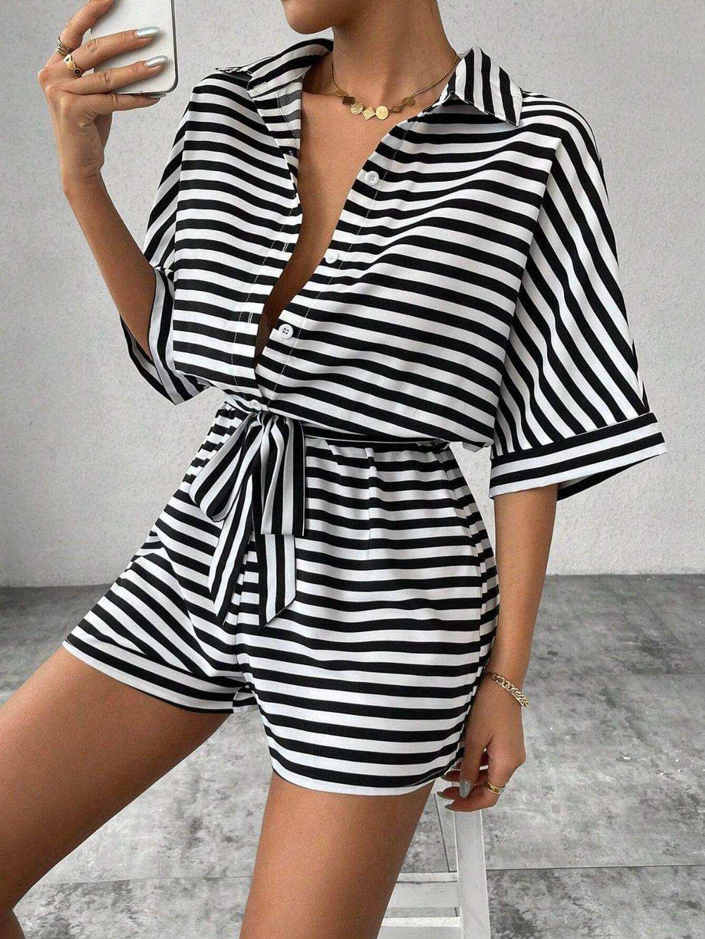 Tie Waist Half Button Striped Romper - Trendsi - Flyclothing LLC