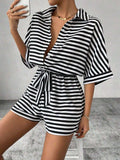 Tie Waist Half Button Striped Romper - Trendsi - Flyclothing LLC