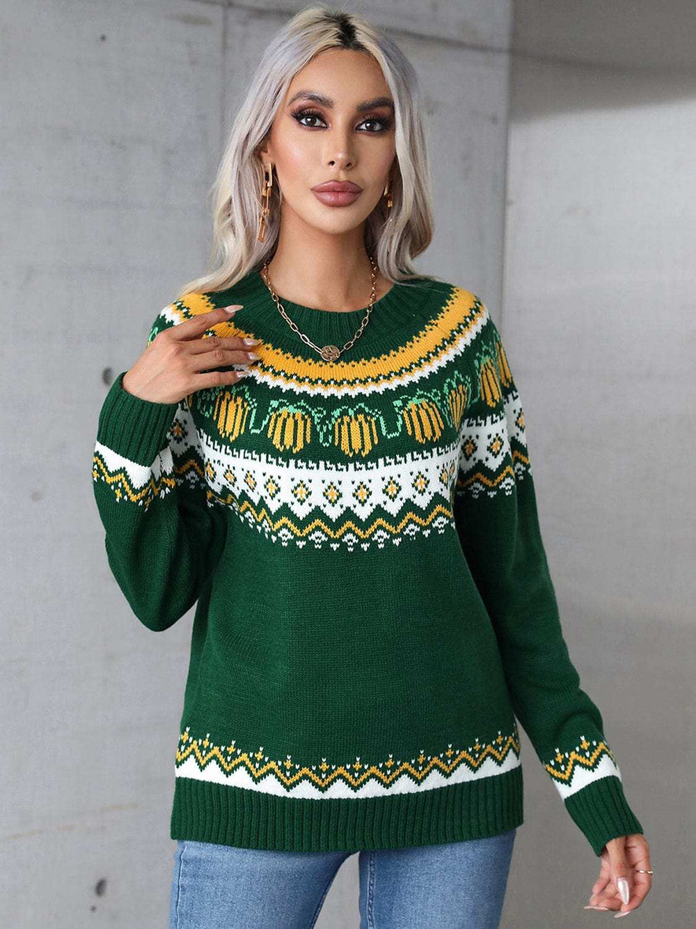 Angel Wings Geometric Round Neck Long Sleeve Sweater - Trendsi - Flyclothing LLC