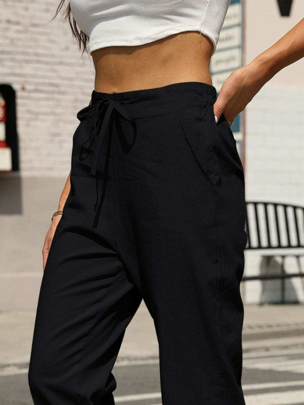 Elastic Waist Tapered Pants - Trendsi - Flyclothing LLC