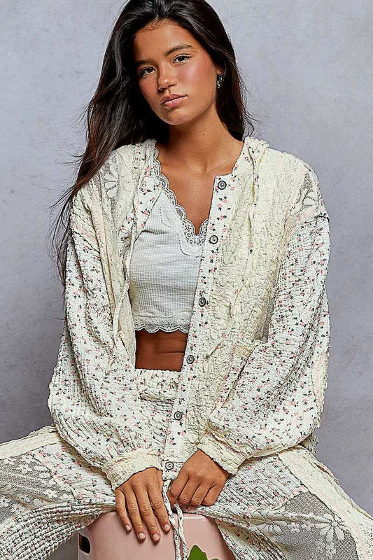 POL Floral Balloon Sleeve Hooded Lace Jacket with Stitch Detail - Trendsi - Flyclothing LLC