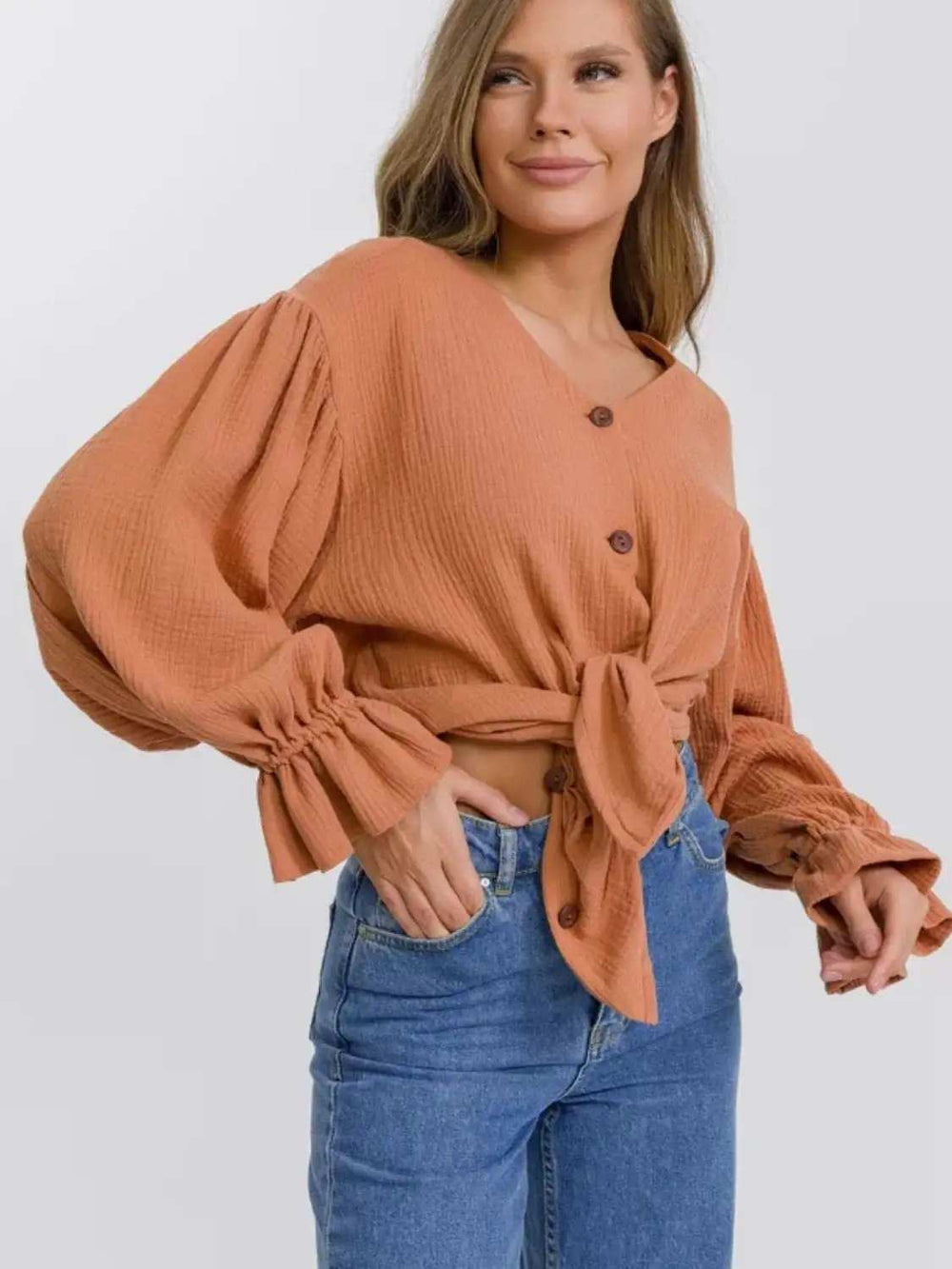 Button Up Flounce Sleeve Shirt - Trendsi - Flyclothing LLC