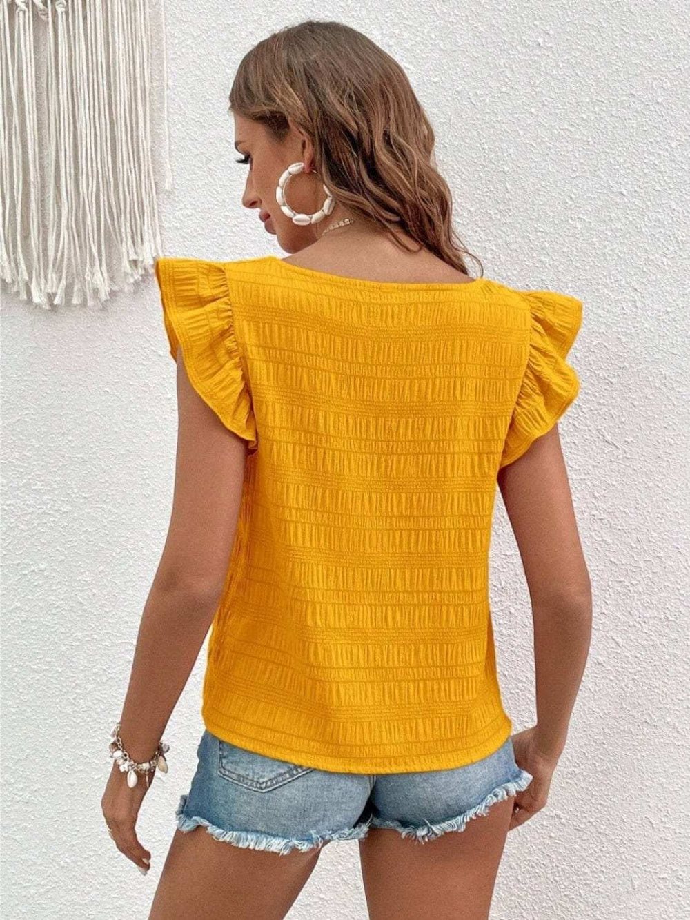Ruffled Square Neck Cap Sleeve Blouse - Trendsi - Flyclothing LLC