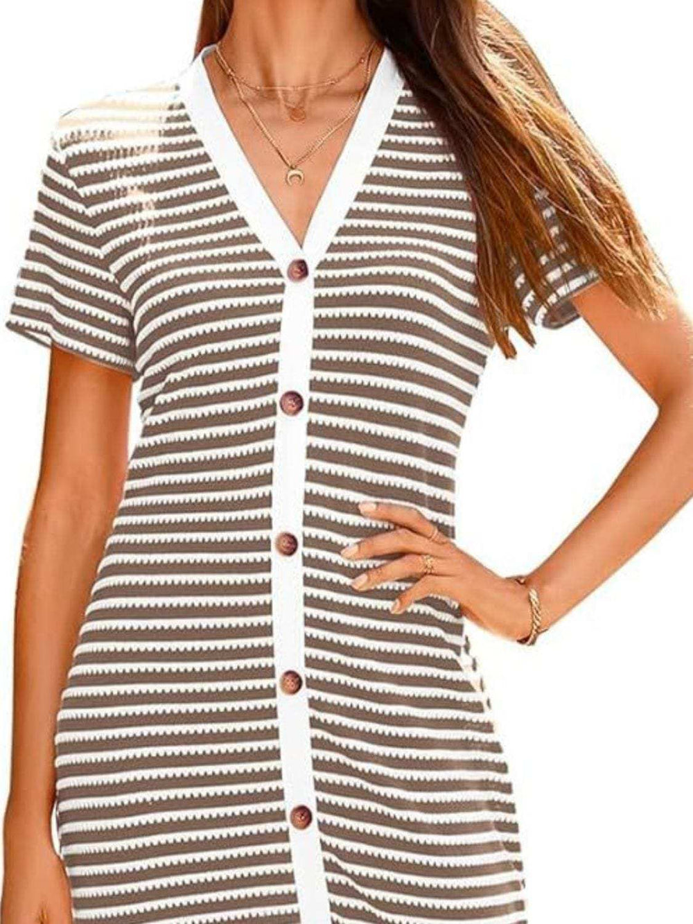 Contrast Striped V-Neck Short Sleeve Midi Dress - Trendsi - Flyclothing LLC