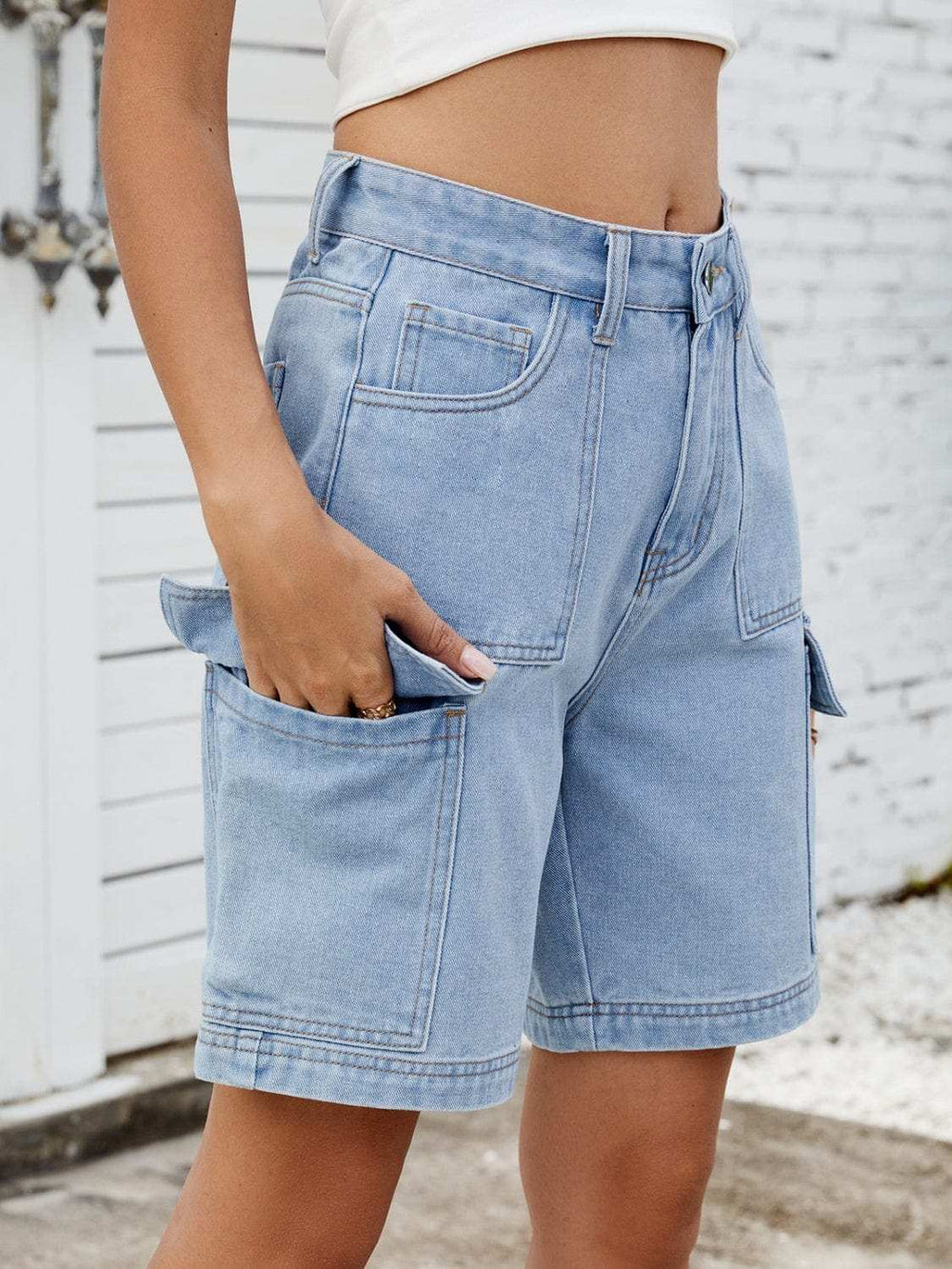 High Waist Denim Shorts with Cargo Pockets - Trendsi - Flyclothing LLC