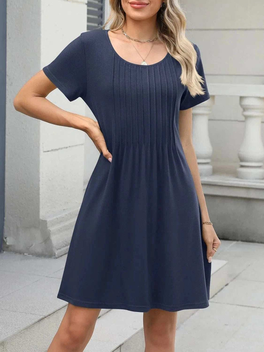 Pleated Front Round Neck Swing Dress - Trendsi - Flyclothing LLC