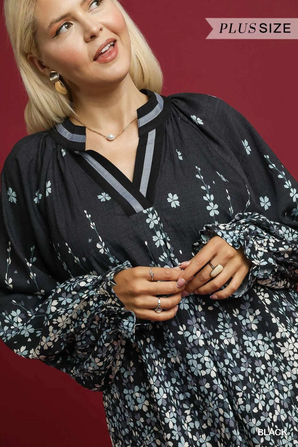 Umgee Full Size Floral Vine Print Blouse with Balloon Sleeves Plus Size - Trendsi - Flyclothing LLC