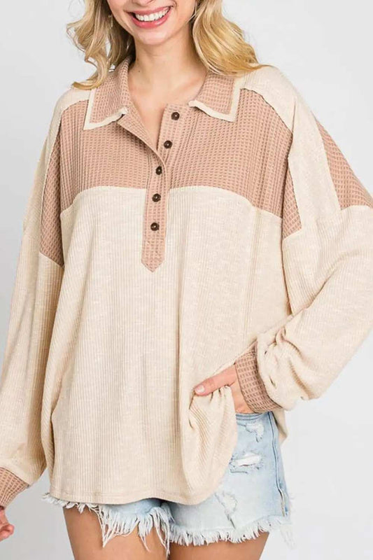 Waffle-Knit Color Block Half Button Long Sleeve Top - Trendsi - Flyclothing LLC