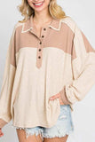 Waffle-Knit Color Block Half Button Long Sleeve Top - Trendsi - Flyclothing LLC
