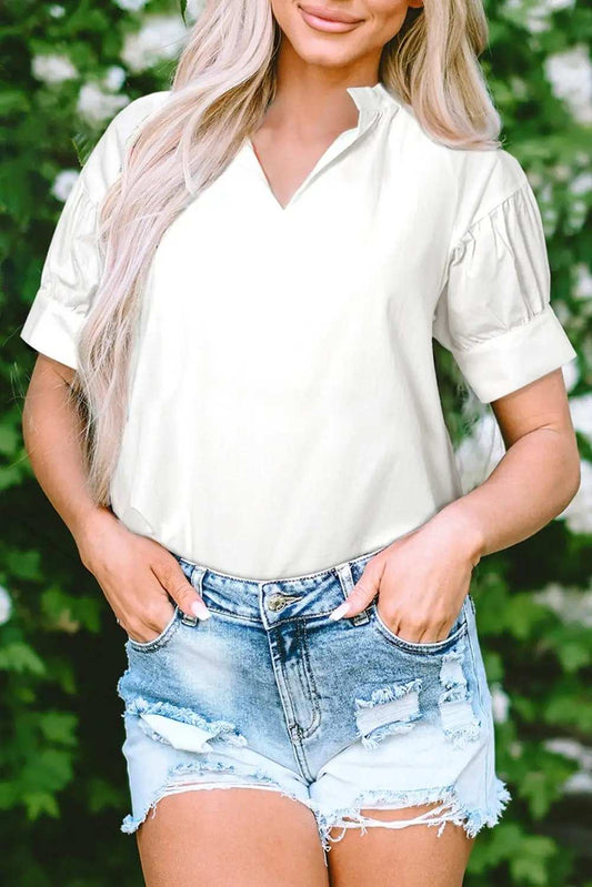 Notched Short Sleeve Blouse - Trendsi - Flyclothing LLC