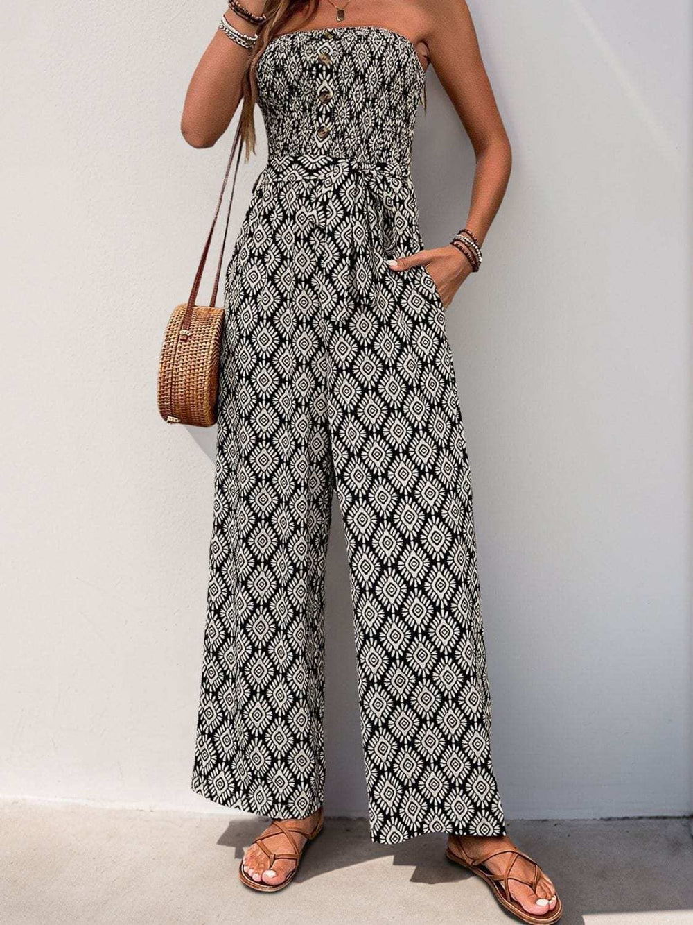 Perfee Printed Smocked Sleeveless Jumpsuit - Trendsi - Flyclothing LLC