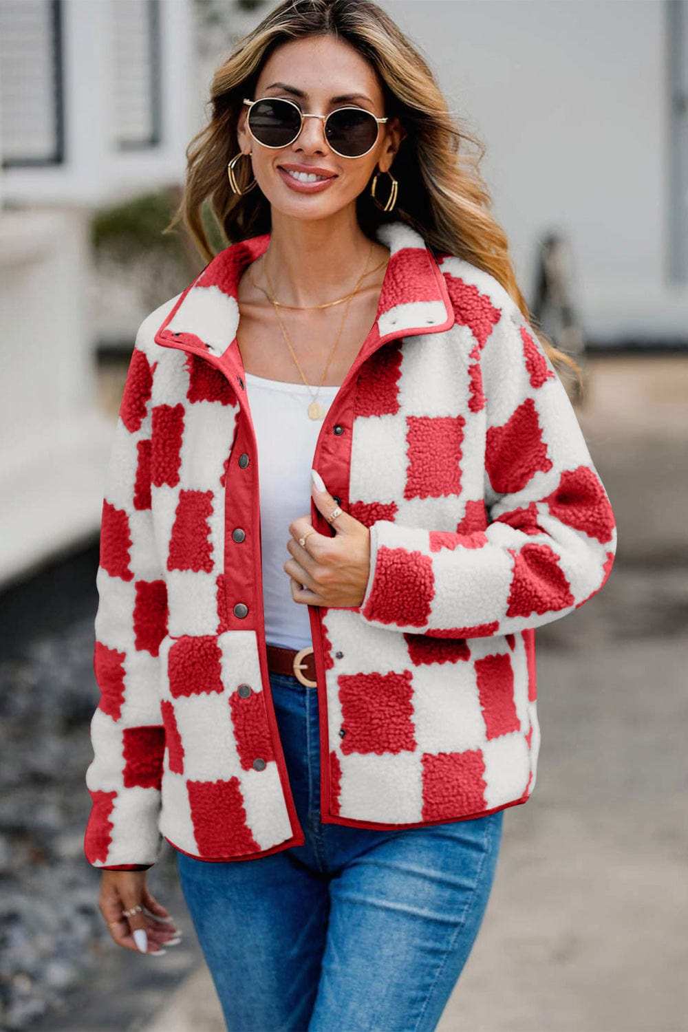 Checkered Snap Down Long Sleeve Teddy Jacket - Trendsi - Flyclothing LLC