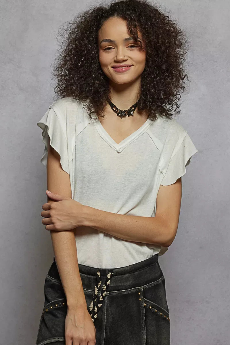 POL V-Neck Short Sleeve T-Shirt with Ruffle Sleeve - Trendsi - Flyclothing LLC