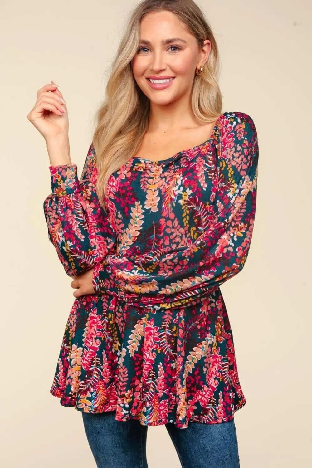 Haptics Full Size Peplum Floral Square Neck Blouse - Trendsi - Flyclothing LLC