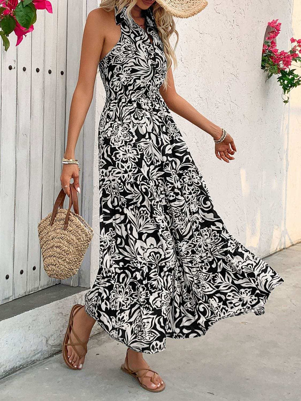 Backless Smocked Printed Sleeveless Midi Dress - Trendsi - Flyclothing LLC