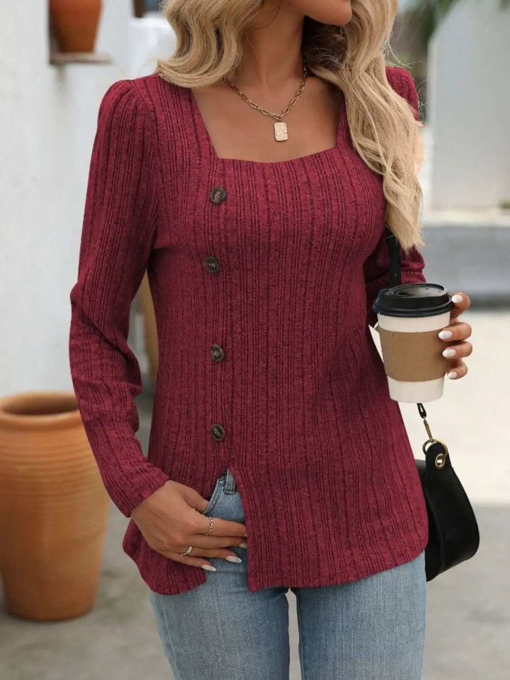 Decorative Button Striped Square Neck Long Sleeve T-Shirt - Trendsi - Flyclothing LLC
