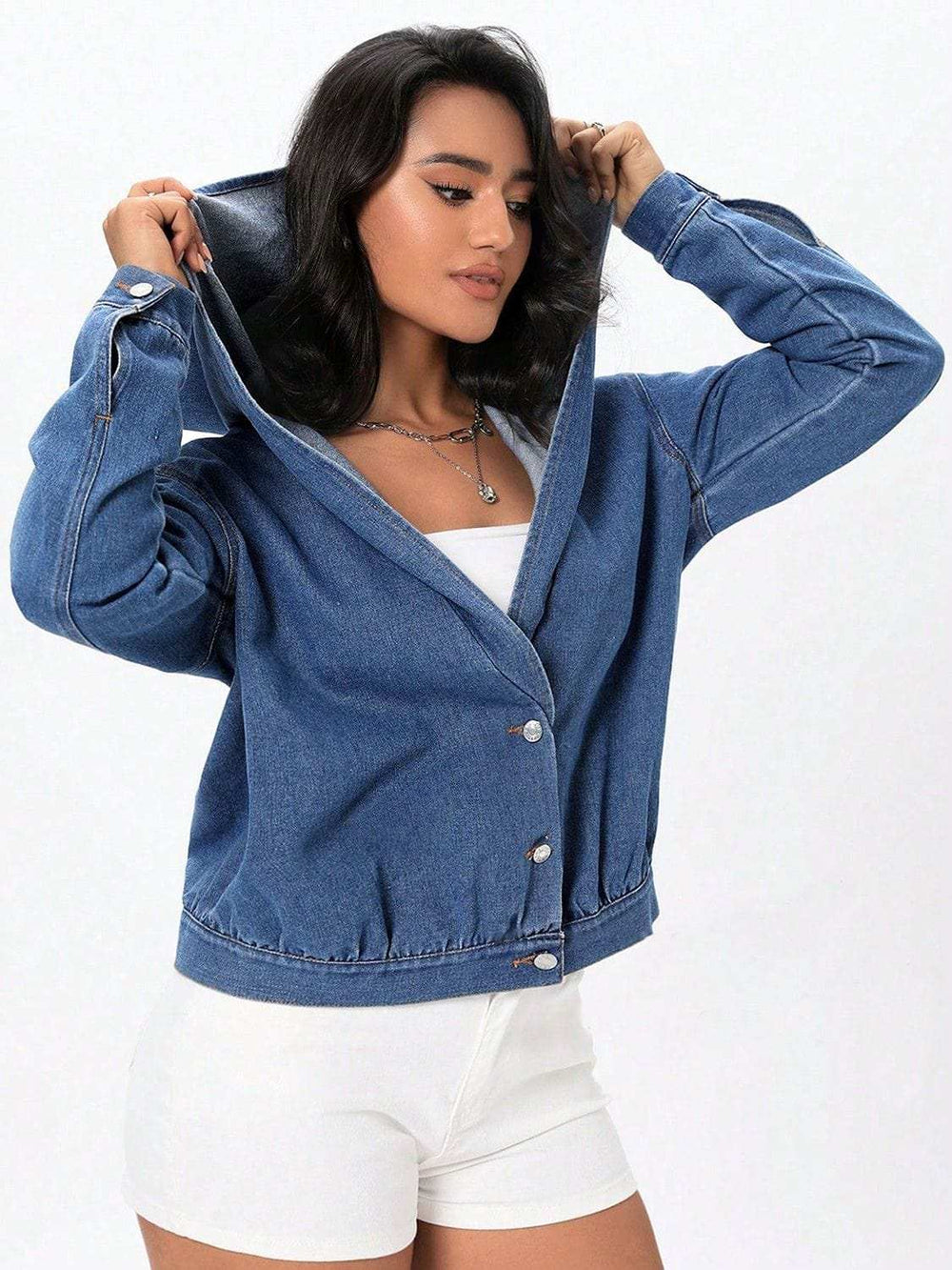 Button Up Hooded Denim Top - Trendsi - Flyclothing LLC