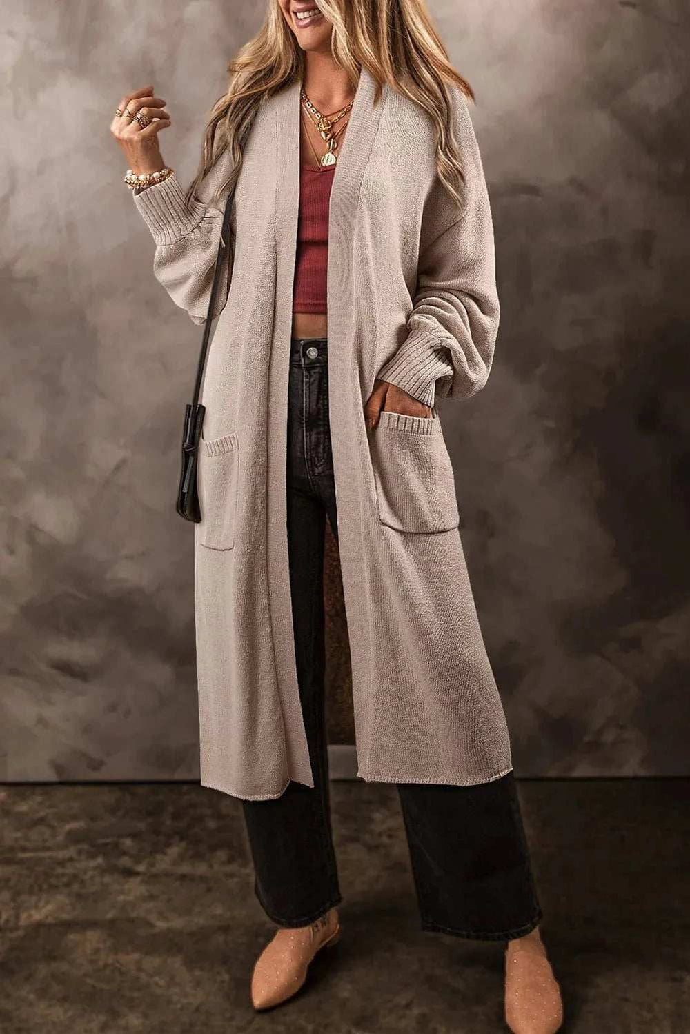 Pocketed Open Front Long Sleeve Cardigan - Trendsi - Flyclothing LLC