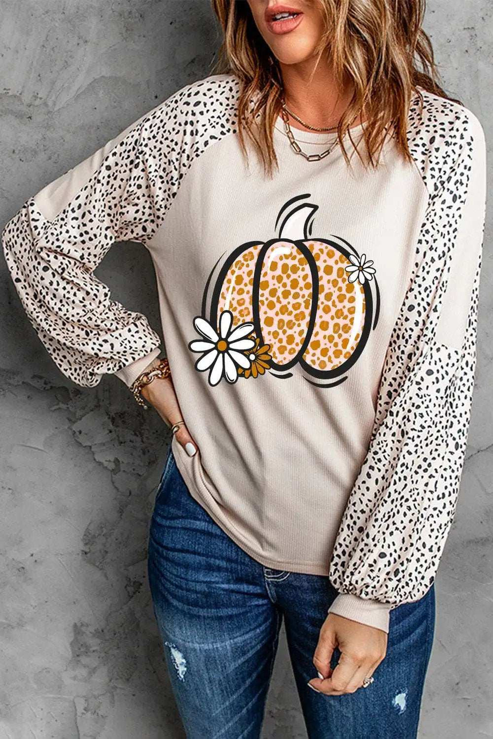 Pumpkin Graphic Round Neck Long Sleeve Top - Trendsi - Flyclothing LLC