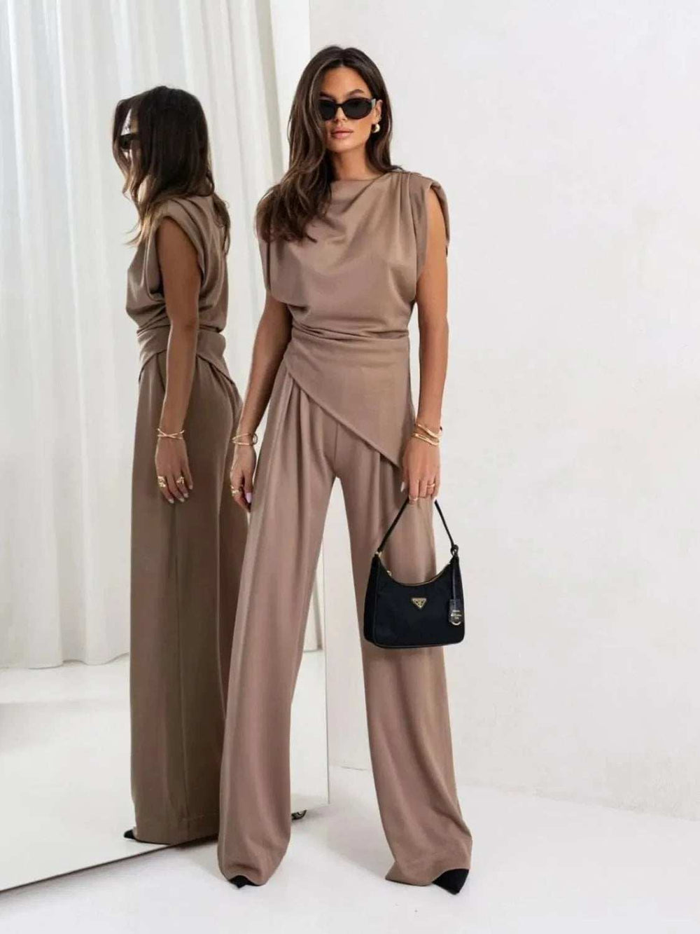 Slit Ruched Top and Wide Leg Pants Set - Trendsi - Flyclothing LLC