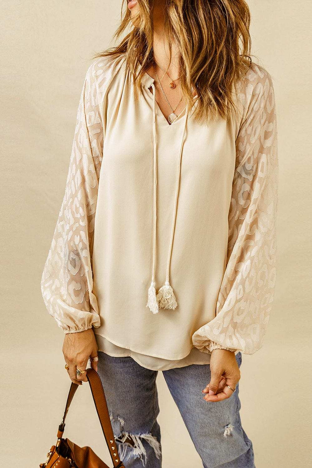 Tassel Tie Neck Long Sleeve Blouse - Trendsi - Flyclothing LLC