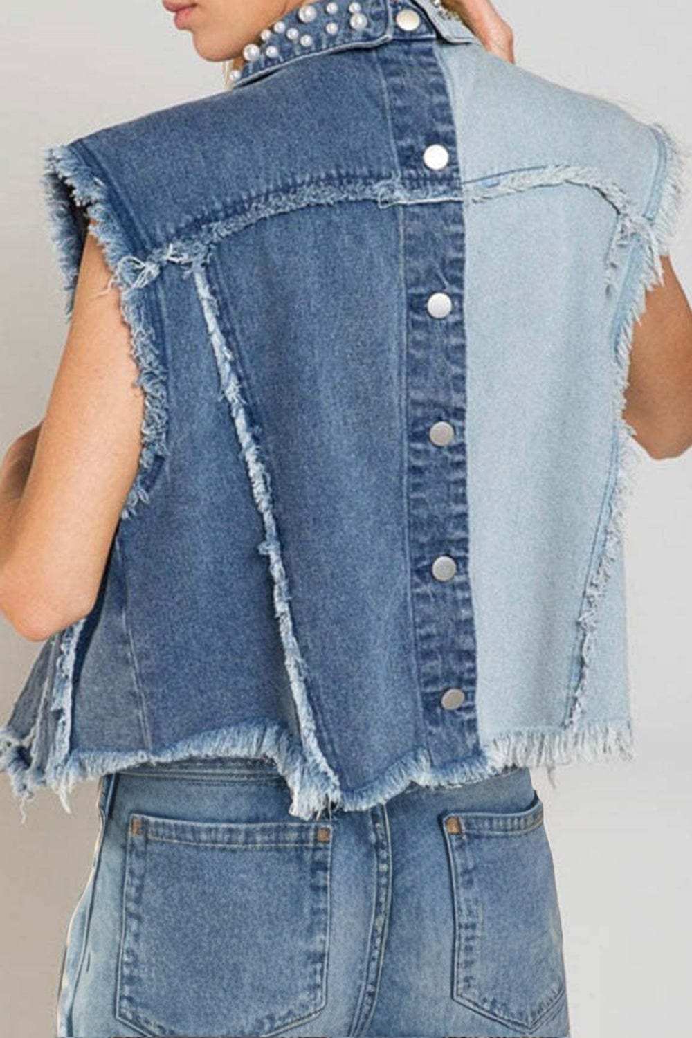 Pearl Raw Hem Sleeveless Denim Jacket - Trendsi - Flyclothing LLC