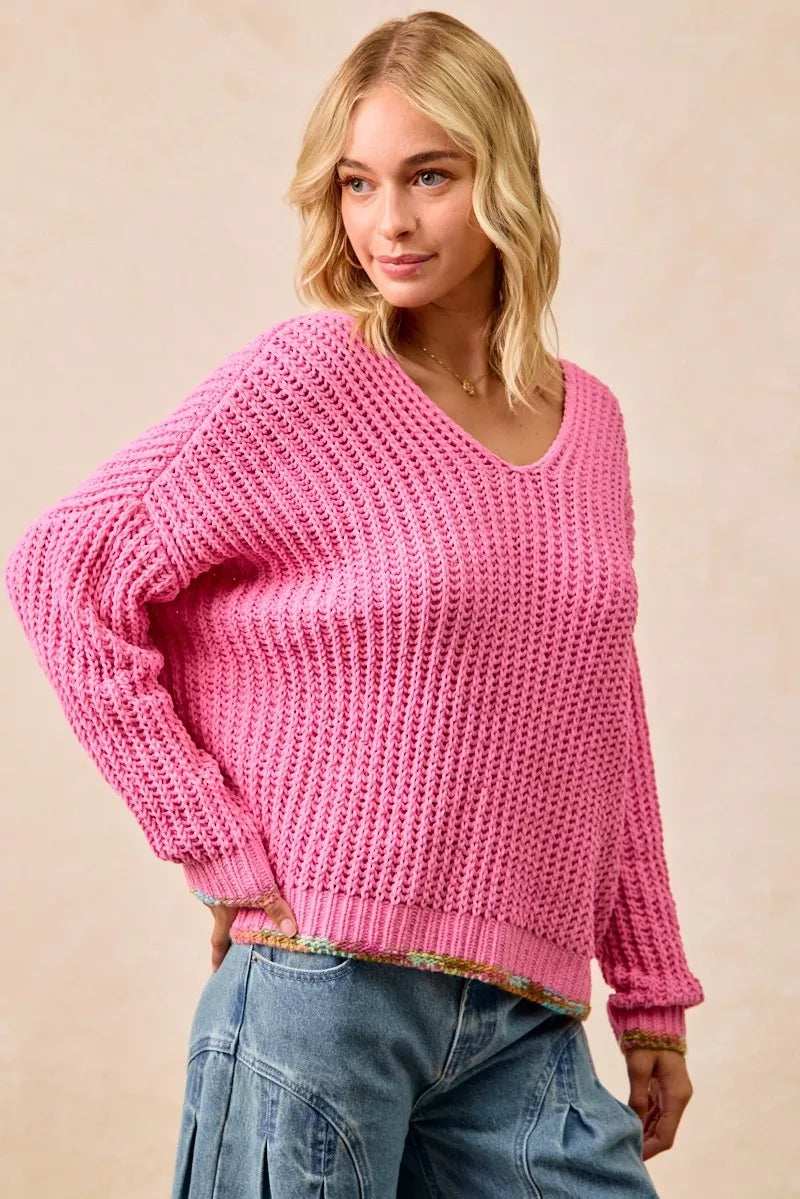BiBi V-Neck Sweater with Colorful Trim - Trendsi - Flyclothing LLC