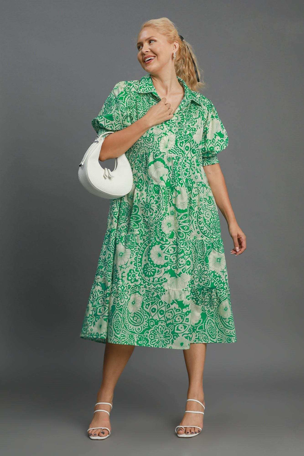 Umgee Full Size Printed Smocked Cuff Puff Sleeve Midi Dress Plus Size - Trendsi - Flyclothing LLC