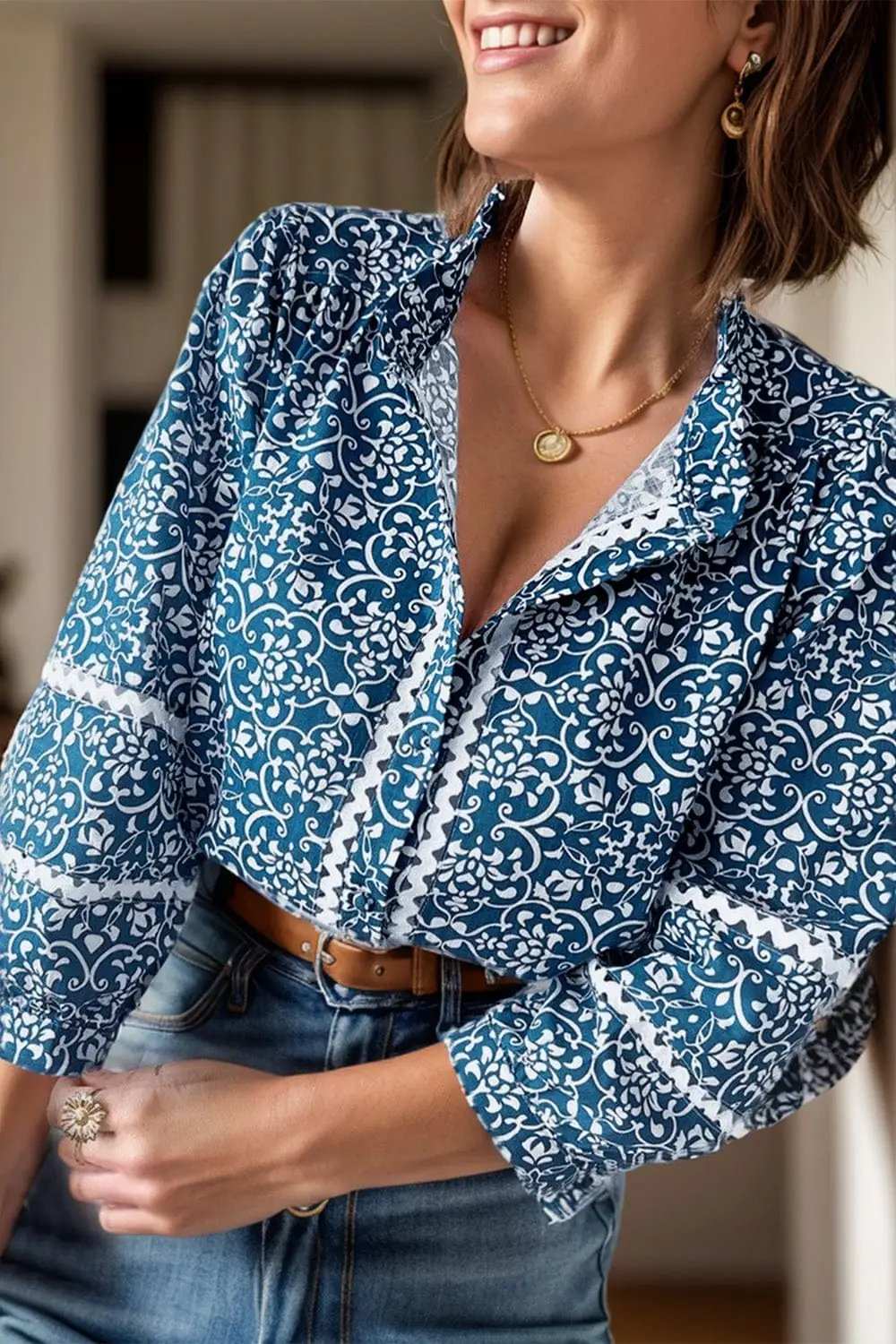 Printed Mock Neck Long Sleeve Blouse - Trendsi - Flyclothing LLC