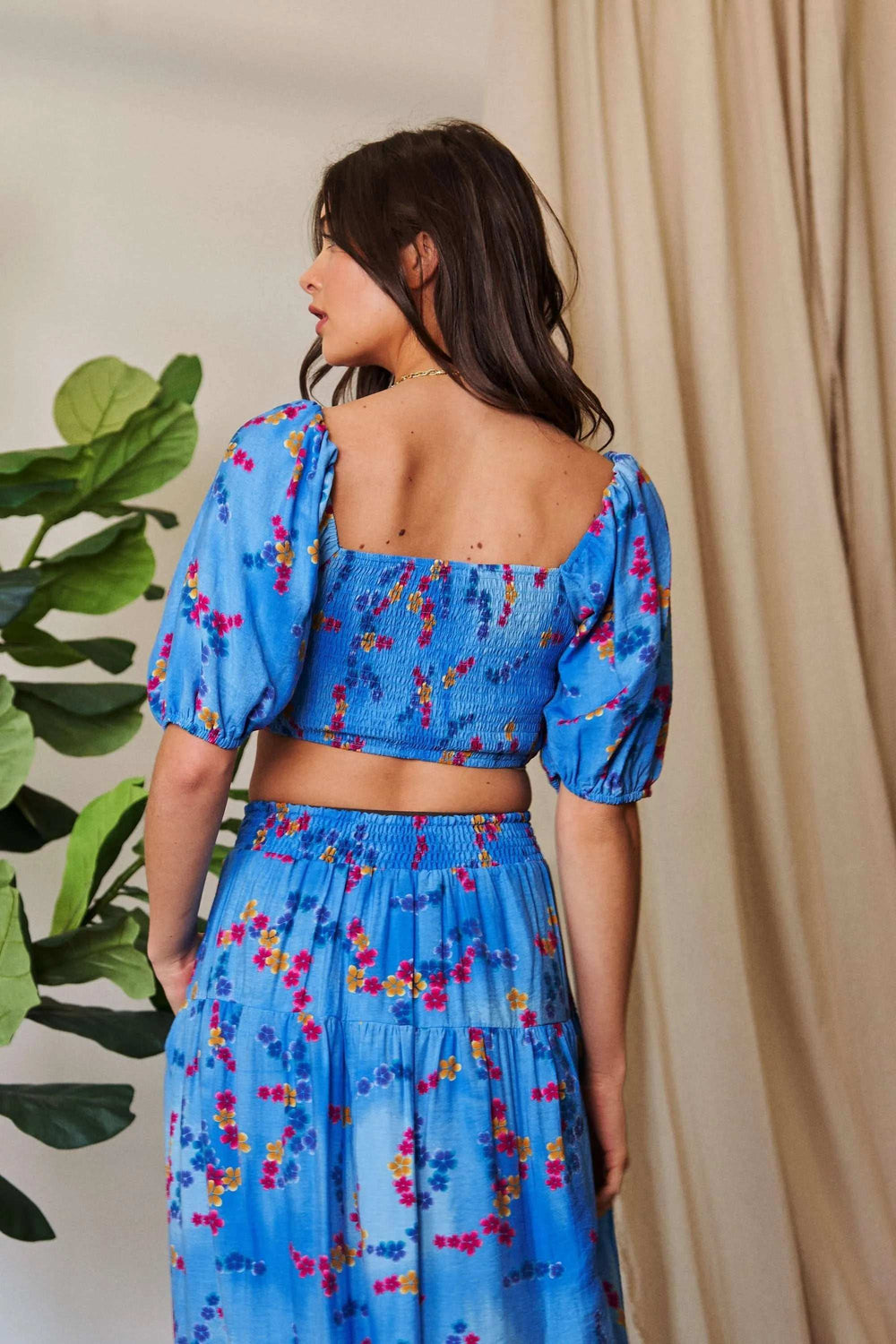 Davi & Dani Smocing Bodice Puff Short Sleeve Printed Crop Top - Trendsi - Flyclothing LLC